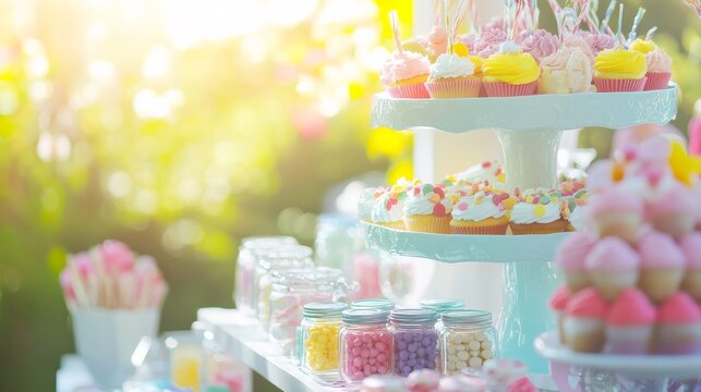 Colorful dessert table with cupcakes and candy at outdoor party in sunny garden setting during afternoon