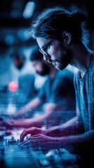 Fototapeta premium Young man focused on operating electronic music production equipment in a dimly lit studio