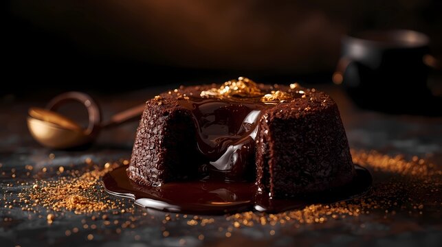 Molten chocolate lava cake with a decadent rich flowing center, topped with delicate edible gold leaf accents, set against a dark luxury background with subtle nuances of brown and black, dramatic lig