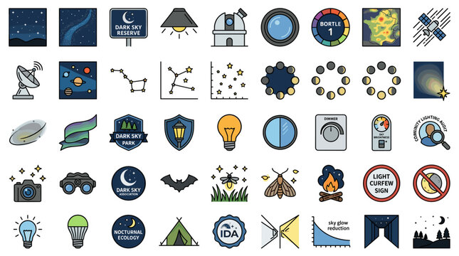 Various icons and symbols for science, technology, and environment, including logos, signs, and emblems for astronomy, ecology, and innovation, with a mix of simple and complex designs.