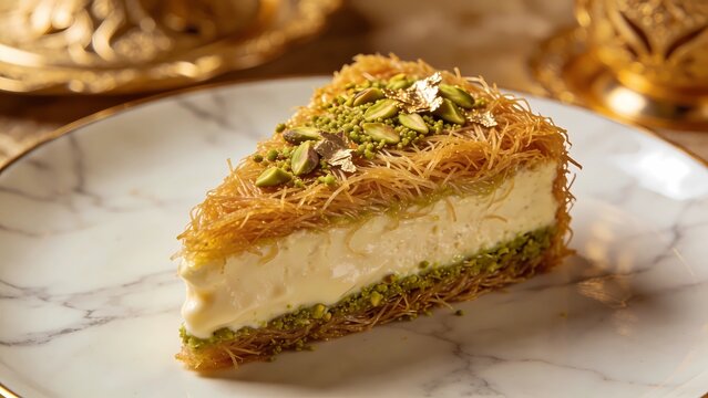 Ultra-realistic pistachio kunafa cheesecake with crispy golden kataifi layers and creamy filling, topped with crushed pistachios and edible gold flakes, elegant marble plate, warm luxury lighting, Dub