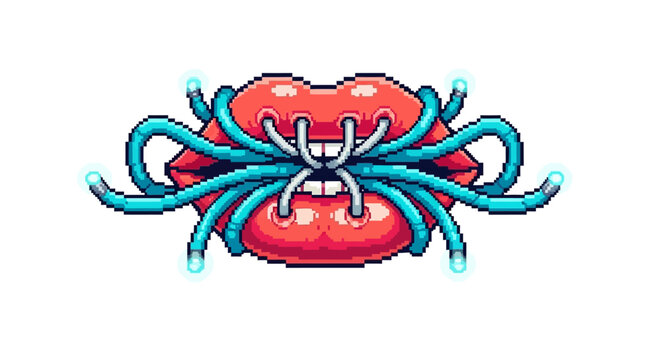 Surreal pixel art lips with glowing tentacles.