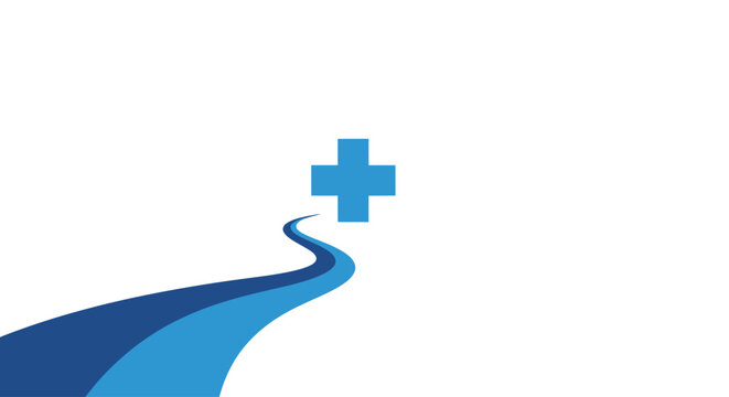 Blue medical cross icon with a curved path leading to health and wellness services