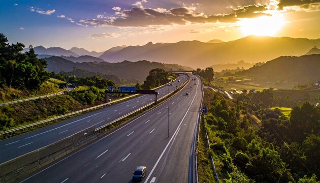 Aerial view of a highway winding through green hills at sunset. Dramatic light, hazy mountains