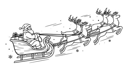 Santa claus in sleigh pulled by reindeer black and white illustration © Dipa