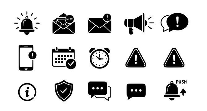 Set of notification and alert icons black and white vector graphics