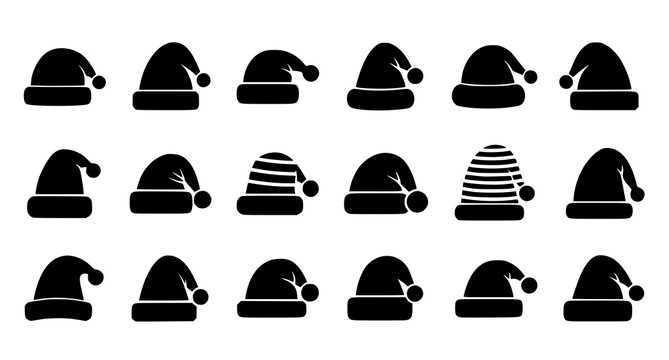 Collection of santa hats and nightcaps black and white vector graphics