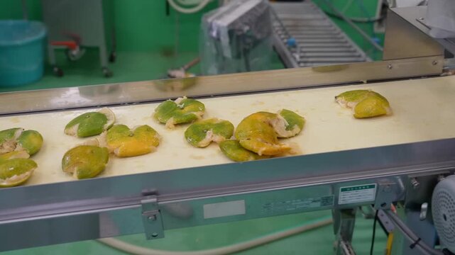 Close-up of industrial citrus juice extraction process and automatic fruit peeling system in food factory.