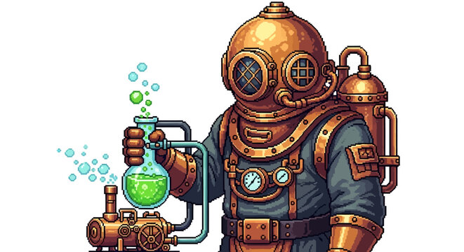 Steampunk Diver Chemist Conducting Experiment with Bubbling Potion.