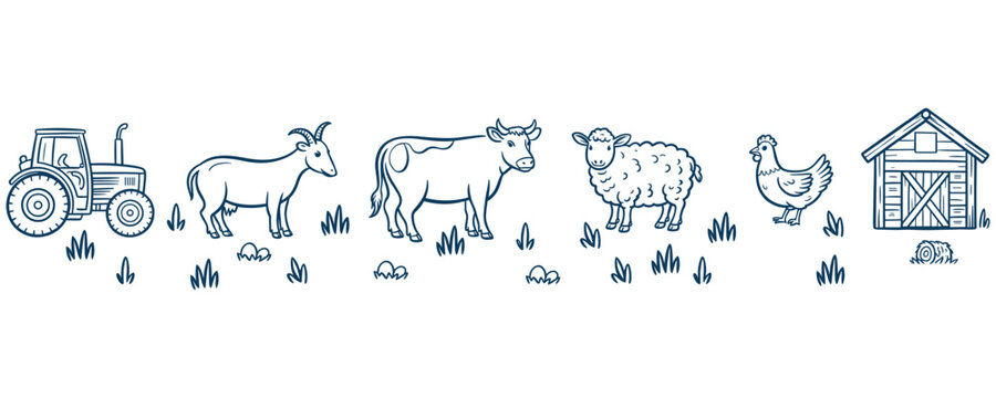 Farm animals collection cow goat sheep chicken tractor barn vector illustration.