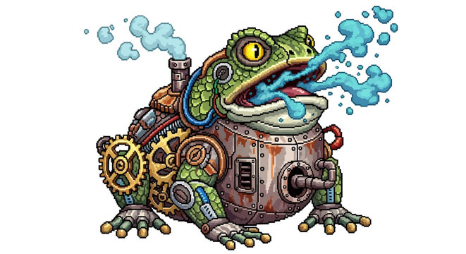 Steampunk Frog Mechanical Creature with Steam Vents.
