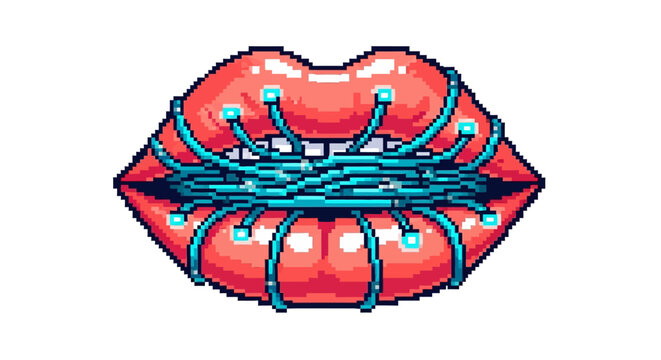 Pixelated Lips with Futuristic Cybernetic Wires.
