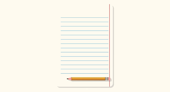 Blank white sheet of lined paper with a red margin and a yellow wooden pencil lying at the bottom ready for writing notes.