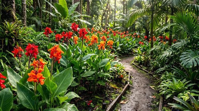 Lush Canna Indica Garden with Winding Stone Walkway Scenery