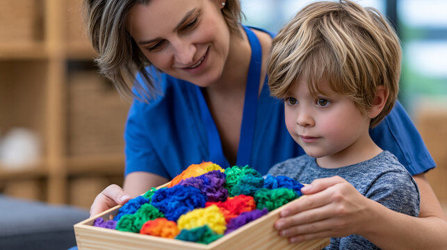 Child therapist opening a sensory toolbox in front of a wide-eyed young patient, rainbow of soft tools visible inside, natural wood shelving behind, trauma-informed care environment, perfect for chi