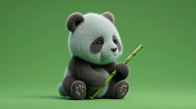 Cute panda bear holding bamboo stalk on green background