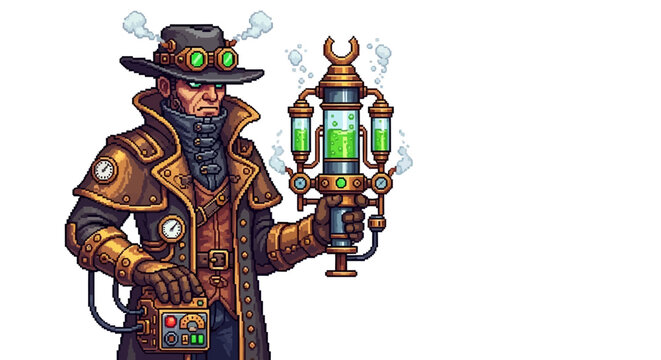Steampunk Man Holding Futuristic Device with Green Liquid.