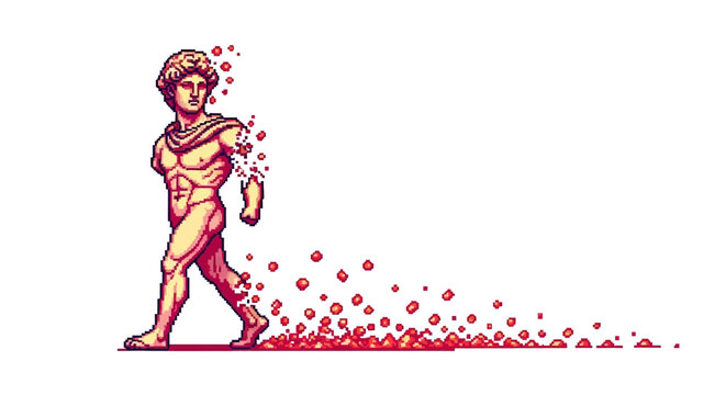 Pixelated Statue Dissolving into Red Particles.
