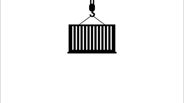 Shipping container being lifted by a crane hook in a minimalist illustration against a white background