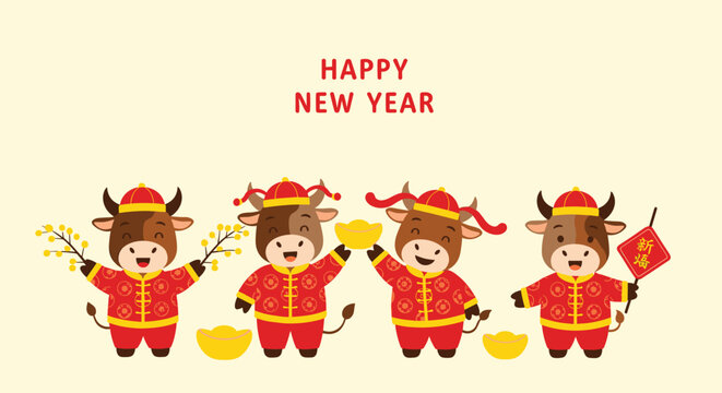 Four cute cartoon oxen dressed in traditional red Chinese outfits are celebrating the New Year with flowers and festive decorations.