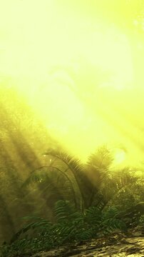 Sunlight filters through thick foliage, bathing the jungle in a warm golden glow. The air is fresh and vibrant, filled with the sounds of nature awakening.