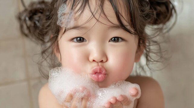 A cute toddler with chubby cheeks and hair in pigtails blows bubbles while making a kissing face. She is surrounded by soapy foam, looking directly at the camera