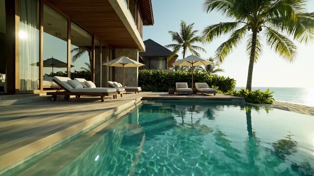 Tropical poolside villa with palm trees and infinity pool