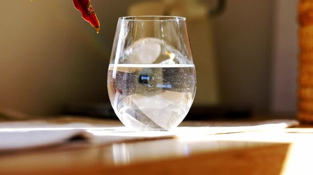 A glass of water swirling with impurities and air bubbles