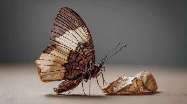 A beautiful butterfly with brown and white wings sits near its chrysalis, symbolizing transformation and new beginnings. The detailed wings show intricate patterns.