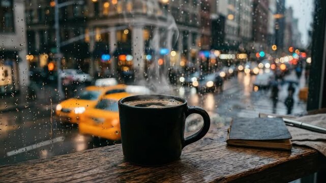 Hot coffee in black mug on wooden ledge with rainy city bokeh, cozy urban caf&eacute; moment with moody reflections and warm steam, realistic detail, no logos