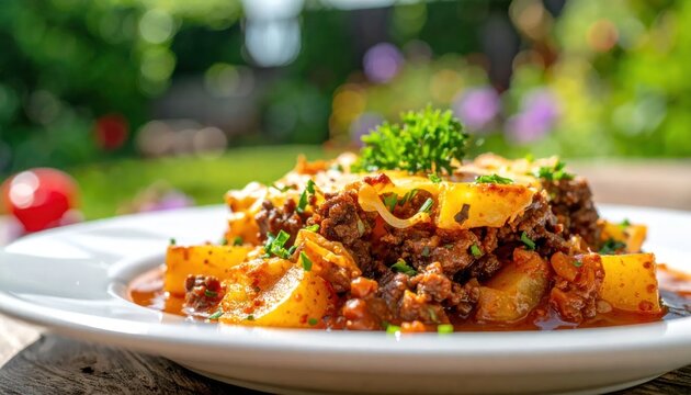Hearty Shepherds Pie with Golden Potatoes and Savory Ground Meat Topping.