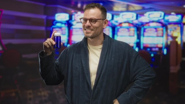 Young man in robe and glasses holds pill bottle, points finger at it and squints in casino building; temptation risk.