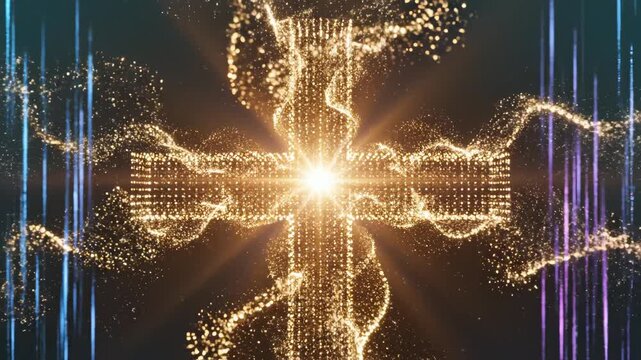 Golden glowing cross with particle effects highlighting geometric patterns and contemporary art