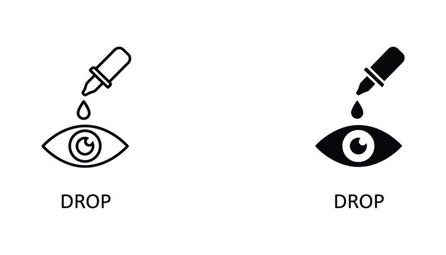 Eye drop icon set in outline and solid black style for ophthalmology and medical eye care or pharmaceutical health products