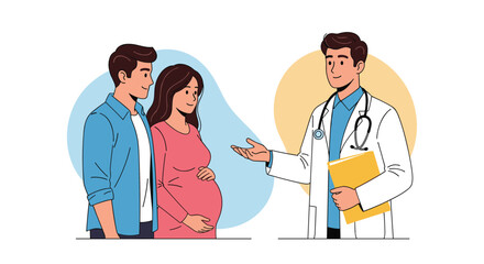 Fototapeta premium Pregnant woman and her husband consulting with a professional male doctor in a white coat during a medical checkup at a clinic.