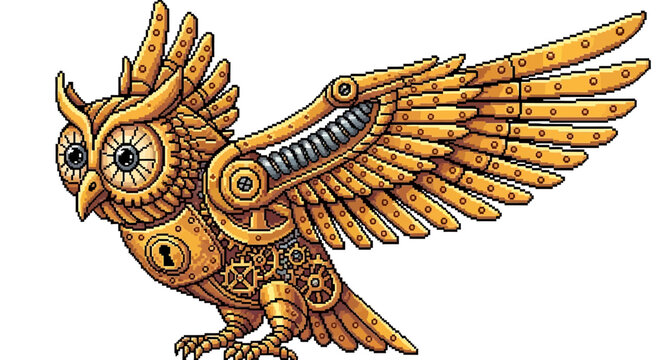 Steampunk Mechanical Owl Illustration with Intricate Gears and Clockwork.