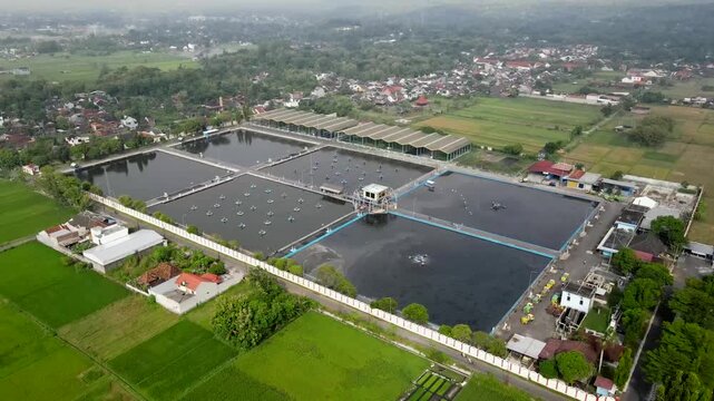 Aerial footage of the Wastewater Treatment Plant in Bantul, Yogyakarta. Its purpose is to prevent water and soil pollution, protect human health, and preserve aquatic ecosystems, allowing for reproces