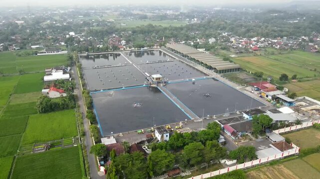 Aerial footage of the Wastewater Treatment Plant in Bantul, Yogyakarta. Its purpose is to prevent water and soil pollution, protect human health, and preserve aquatic ecosystems, allowing for reproces