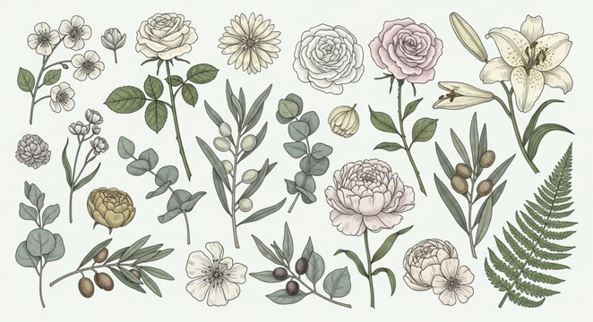 Vintage Botanical Illustrations of Various Flowers and Leaves.