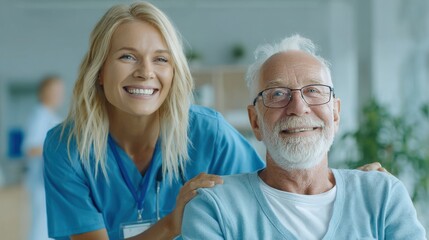 Fototapeta premium Smiling Nurse Assisting Elderly Man In Wheelchair, Providing Caring Support and Companionship