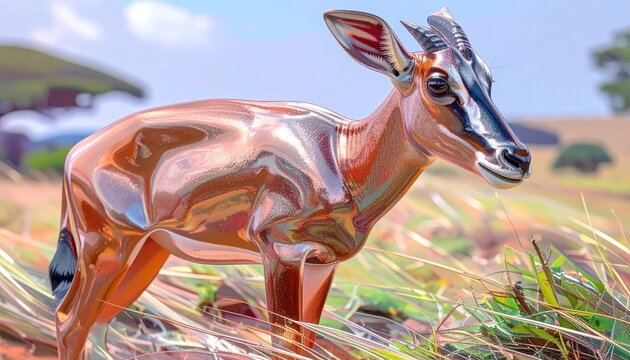 Glossy Antelope Sculpture in African Savannah Landscape.