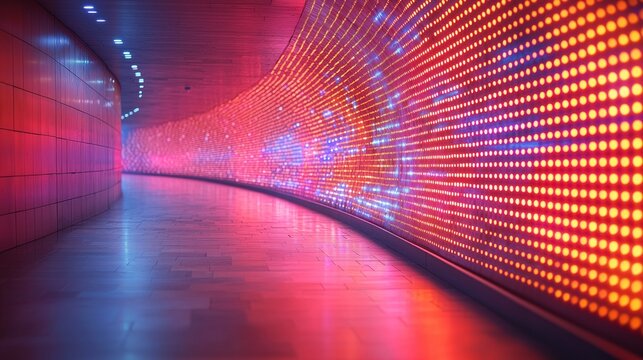 Abstract futuristic corridor with curved LED light wall and glowing dot pattern, vibrant neon colors and reflections on floor, modern technology background with copy space