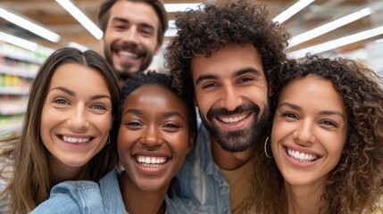 Fototapeta premium Diverse group of happy friends taking a smiling selfie together in a brightly lit store
