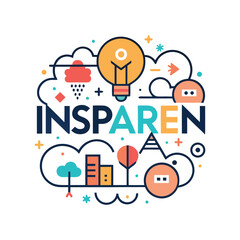 Naklejka premium Creative illustration with the word Insparen surrounded by inspirational elements like a lightbulb and clouds