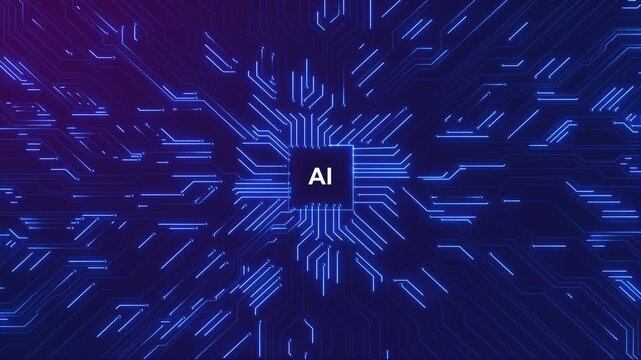 AI circuit board technology background glowing blue pathways, central chip, digital surface. artificial intelligence , machine learning visuals, processor promos, software intros, cyber innovation.