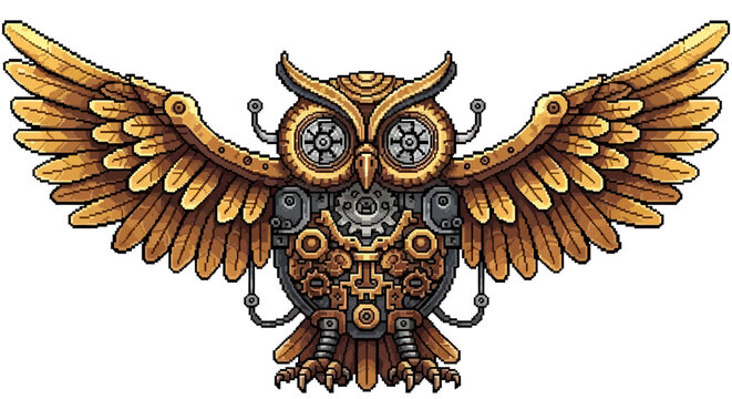 Steampunk Mechanical Owl Illustration with Intricate Gears and Wings.