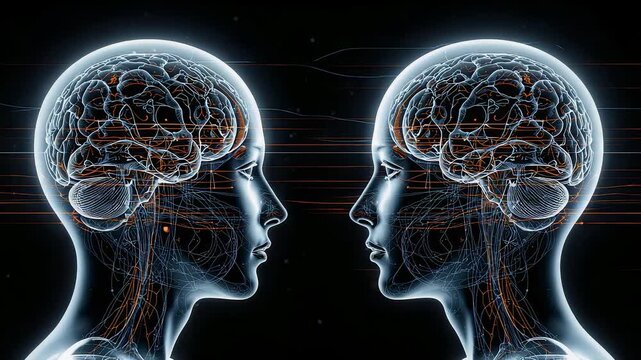 Two human head profiles facing each other with illuminated brain anatomy, neural activity and digital mind communication in medical science scene