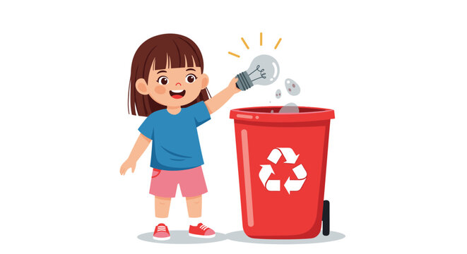 Young girl with short brown hair throwing a light bulb into a red recycling bin to promote proper waste disposal and environmental care.