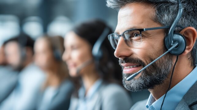 Professional man with headset smiling, working in call center customer service, dedicated to client assistance and support