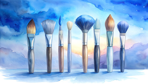 Collection of art paint brushes with various bristles and handles displayed against a soft blue watercolor sky background, creative tools for painting